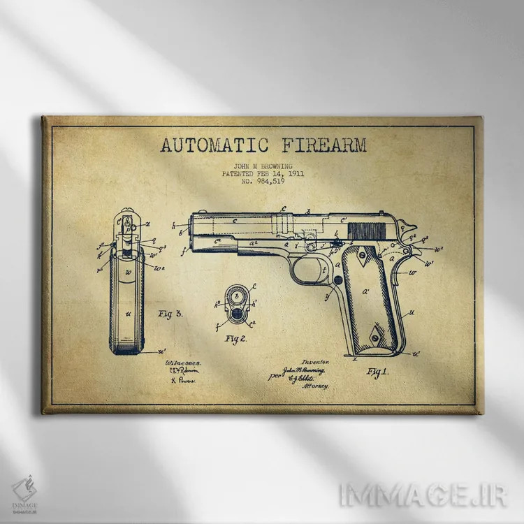 تابلو نقشهٔ ثبت اختراع سلاح خودکار قدیمی اثر پیکسل کهنه (استودیو/نام هنری) - نمای روبهرو روی دیوار