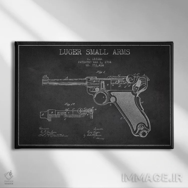 تابلو نقشهٔ ثبت اختراع سلاح لوگر ذغالی اثر پیکسل کهنه (استودیو/نام هنری) - نمای روبهرو روی دیوار