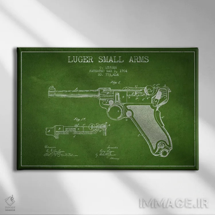 تابلو نقشهٔ ثبت اختراع سلاح لوگر سبز اثر پیکسل کهنه (استودیو/نام هنری) - نمای روبهرو روی دیوار