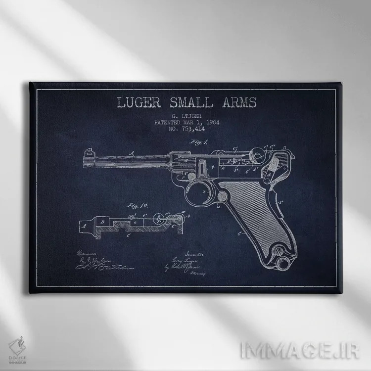 تابلو نقشهٔ ثبت اختراع سلاح لوگر سرمهای اثر پیکسل کهنه (استودیو/نام هنری) - نمای روبهرو روی دیوار