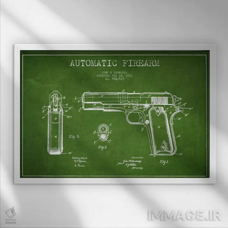 تابلو نقشهٔ ثبت اختراع سلاح خودکار سبز اثر پیکسل کهنه (استودیو/نام هنری) - نمای قابدار سفید