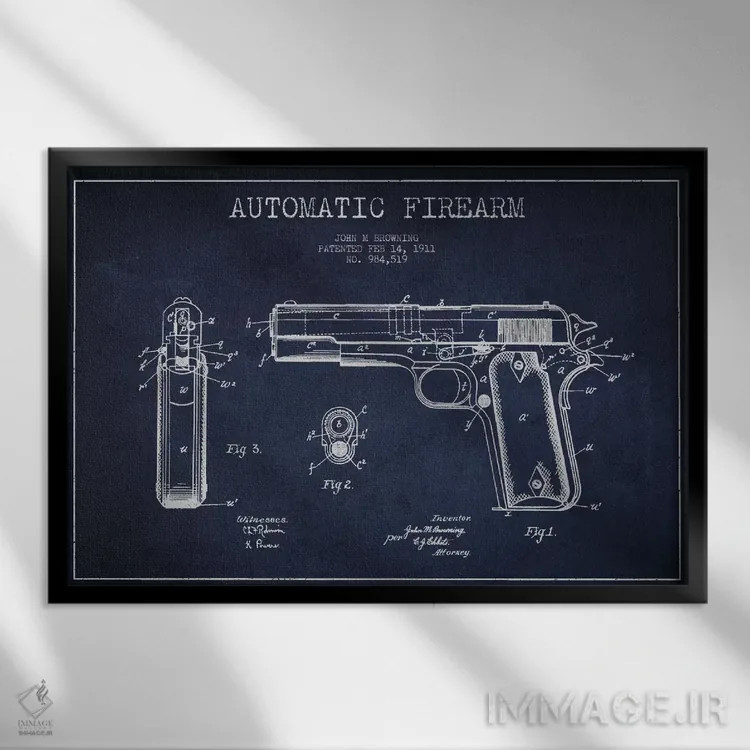 تابلو نقشهٔ ثبت اختراع سلاح خودکار سرمهای اثر پیکسل کهنه (استودیو/نام هنری) - نمای قابدار مشکی