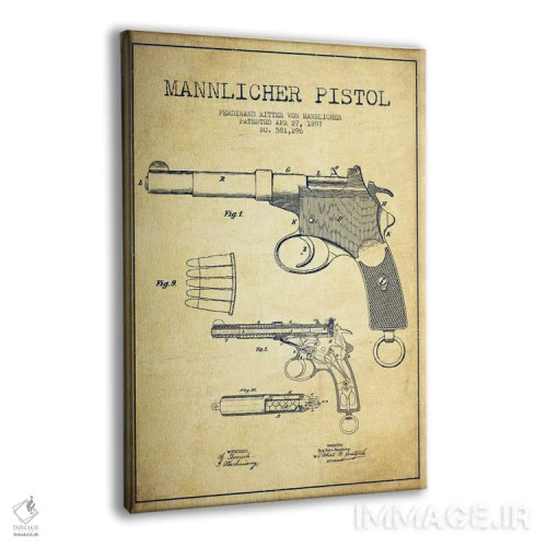 تابلو نقشهٔ ثبت اختراع تپانچه مانلیکر قدیمی اثر پیکسل کهنه (استودیو/نام هنری) - نمای پرسپکتیو محصول