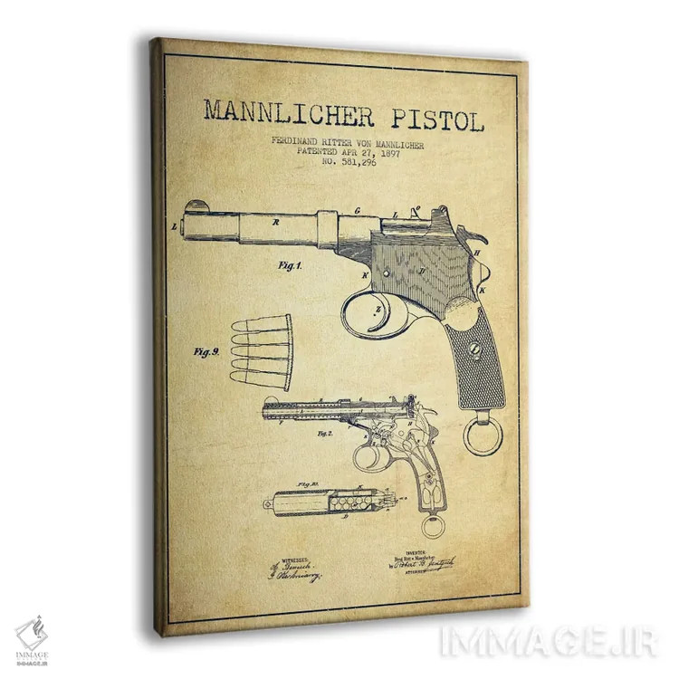 تابلو نقشهٔ ثبت اختراع تپانچه مانلیکر قدیمی اثر پیکسل کهنه (استودیو/نام هنری) - نمای پرسپکتیو محصول