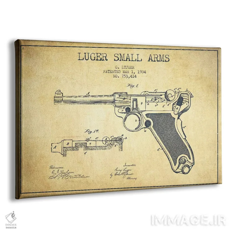 تابلو نقشهٔ ثبت اختراع سلاح لوگر قدیمی اثر پیکسل کهنه (استودیو/نام هنری) - نمای پرسپکتیو محصول
