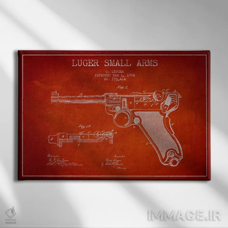 تابلو نقشهٔ ثبت اختراع سلاح لوگر قرمز اثر پیکسل کهنه (استودیو/نام هنری) - نمای روبهرو روی دیوار