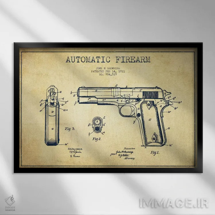تابلو نقشهٔ ثبت اختراع سلاح خودکار قدیمی اثر پیکسل کهنه (استودیو/نام هنری) - نمای قابدار مشکی