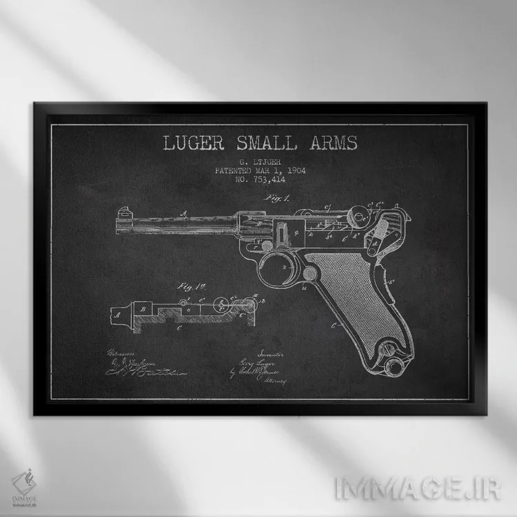تابلو نقشهٔ ثبت اختراع سلاح لوگر ذغالی اثر پیکسل کهنه (استودیو/نام هنری) - نمای قابدار مشکی