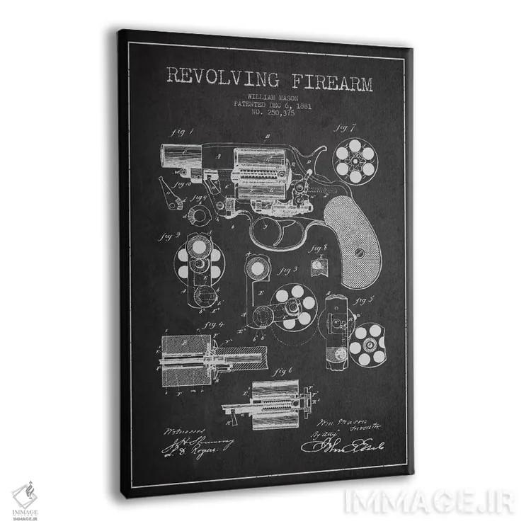 تابلو نقشهٔ ثبت اختراع سلاح چرخان ذغالی اثر پیکسل کهنه (استودیو/نام هنری) - نمای پرسپکتیو محصول