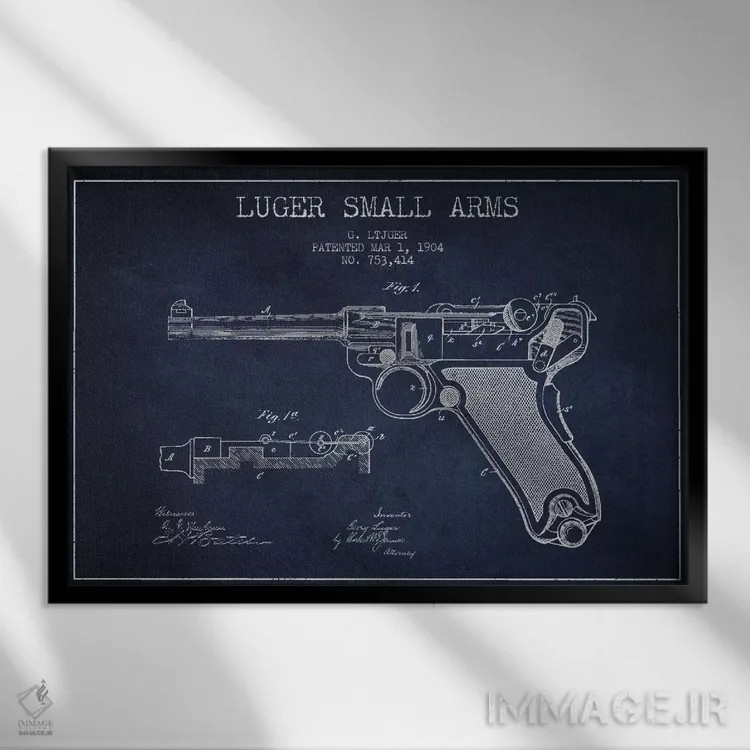 تابلو نقشهٔ ثبت اختراع سلاح لوگر سرمهای اثر پیکسل کهنه (استودیو/نام هنری) - نمای قابدار مشکی