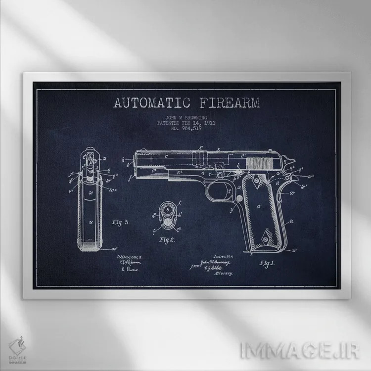 تابلو نقشهٔ ثبت اختراع سلاح خودکار سرمهای اثر پیکسل کهنه (استودیو/نام هنری) - نمای قابدار سفید