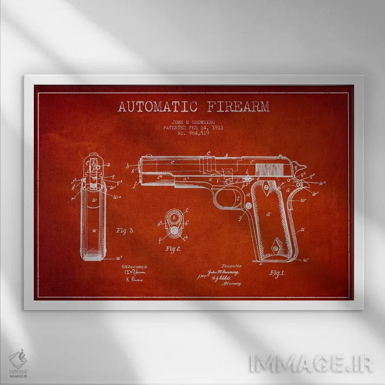 تابلو نقشهٔ ثبت اختراع سلاح خودکار قرمز اثر پیکسل کهنه (استودیو/نام هنری) - نمای قابدار سفید