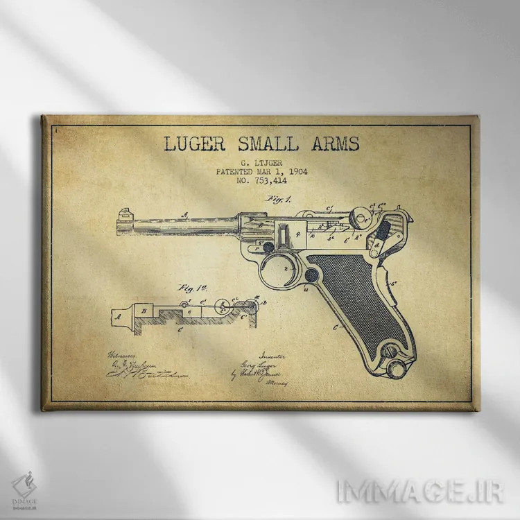 تابلو نقشهٔ ثبت اختراع سلاح لوگر قدیمی اثر پیکسل کهنه (استودیو/نام هنری) - نمای روبهرو روی دیوار
