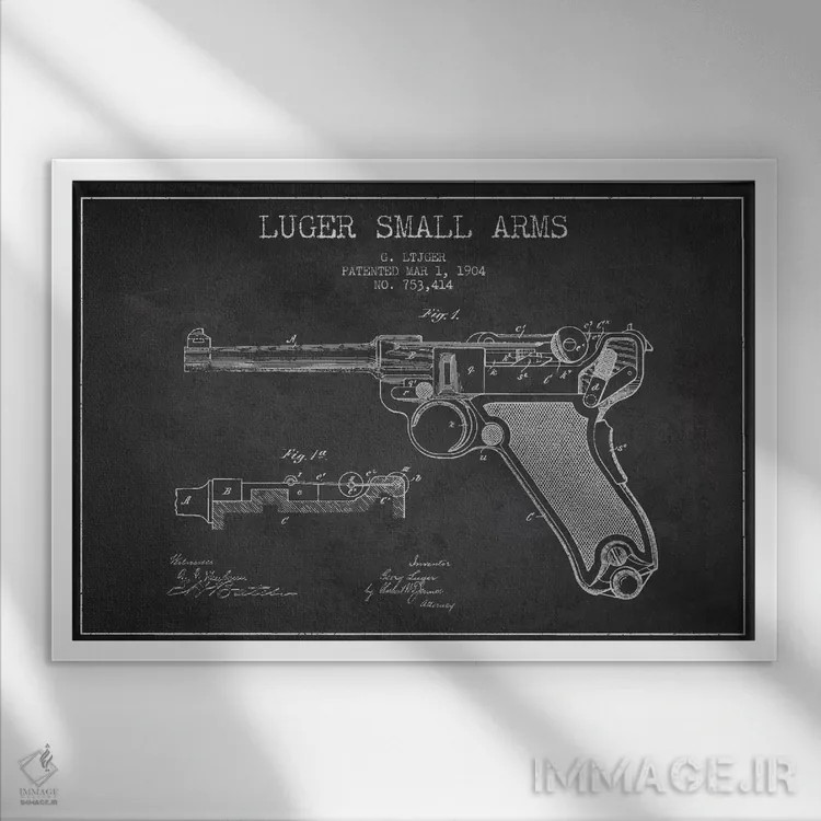 تابلو نقشهٔ ثبت اختراع سلاح لوگر ذغالی اثر پیکسل کهنه (استودیو/نام هنری) - نمای قابدار سفید