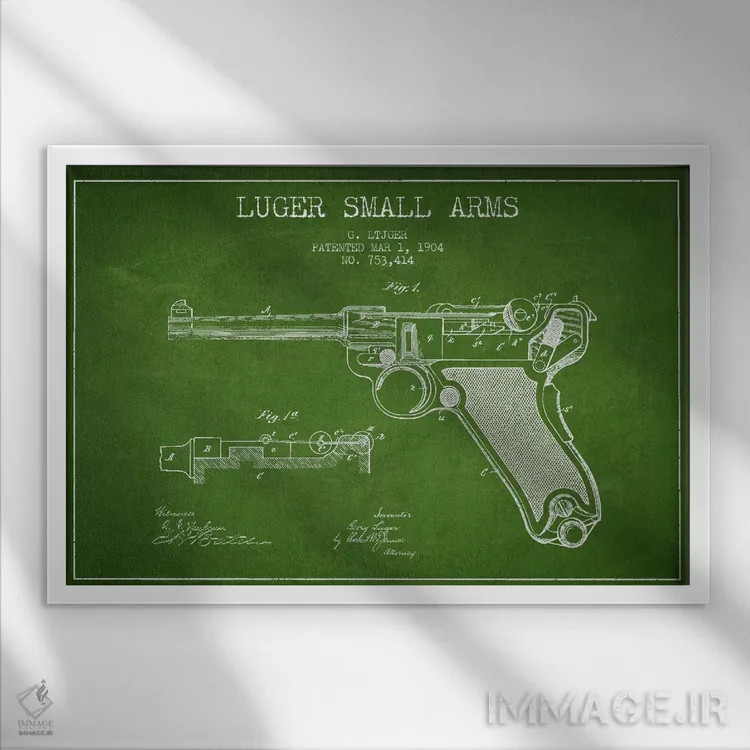 تابلو نقشهٔ ثبت اختراع سلاح لوگر سبز اثر پیکسل کهنه (استودیو/نام هنری) - نمای قابدار سفید