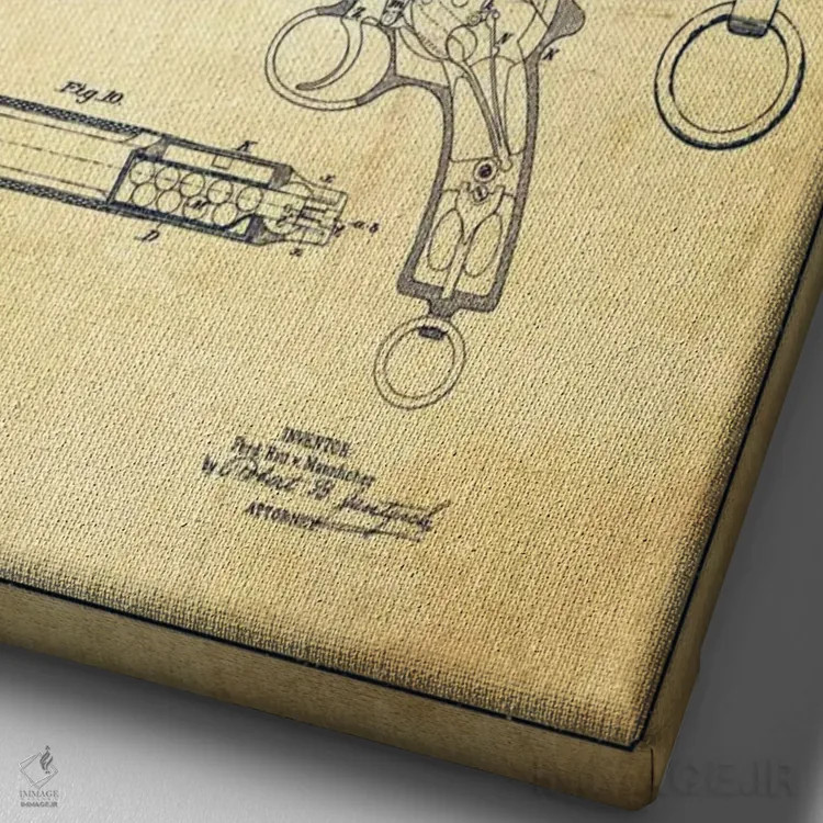 تابلو نقشهٔ ثبت اختراع تپانچه مانلیکر قدیمی اثر پیکسل کهنه (استودیو/نام هنری) - نمای نزدیک بافت بوم