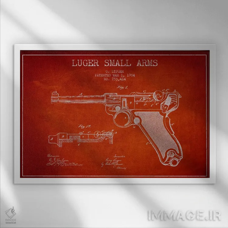 تابلو نقشهٔ ثبت اختراع سلاح لوگر قرمز اثر پیکسل کهنه (استودیو/نام هنری) - نمای قابدار سفید