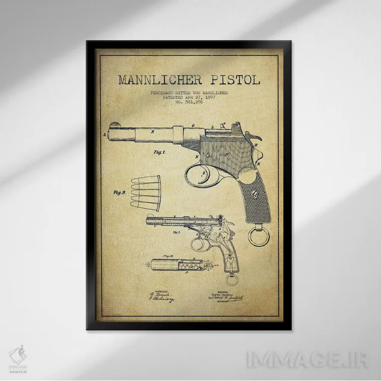 تابلو نقشهٔ ثبت اختراع تپانچه مانلیکر قدیمی اثر پیکسل کهنه (استودیو/نام هنری) - نمای قابدار مشکی