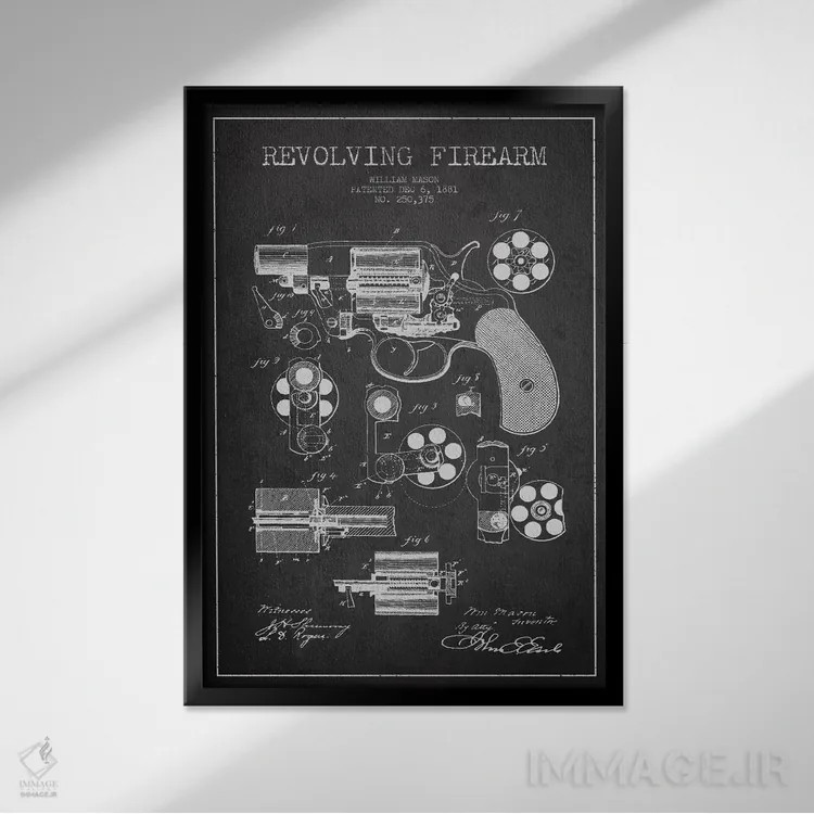 تابلو نقشهٔ ثبت اختراع سلاح چرخان ذغالی اثر پیکسل کهنه (استودیو/نام هنری) - نمای قابدار مشکی