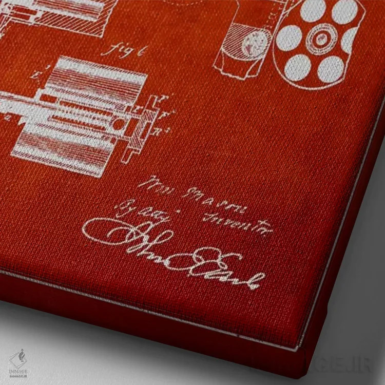 تابلو نقشهٔ ثبت اختراع سلاح چرخان قرمز اثر پیکسل کهنه (استودیو/نام هنری) - نمای نزدیک بافت بوم