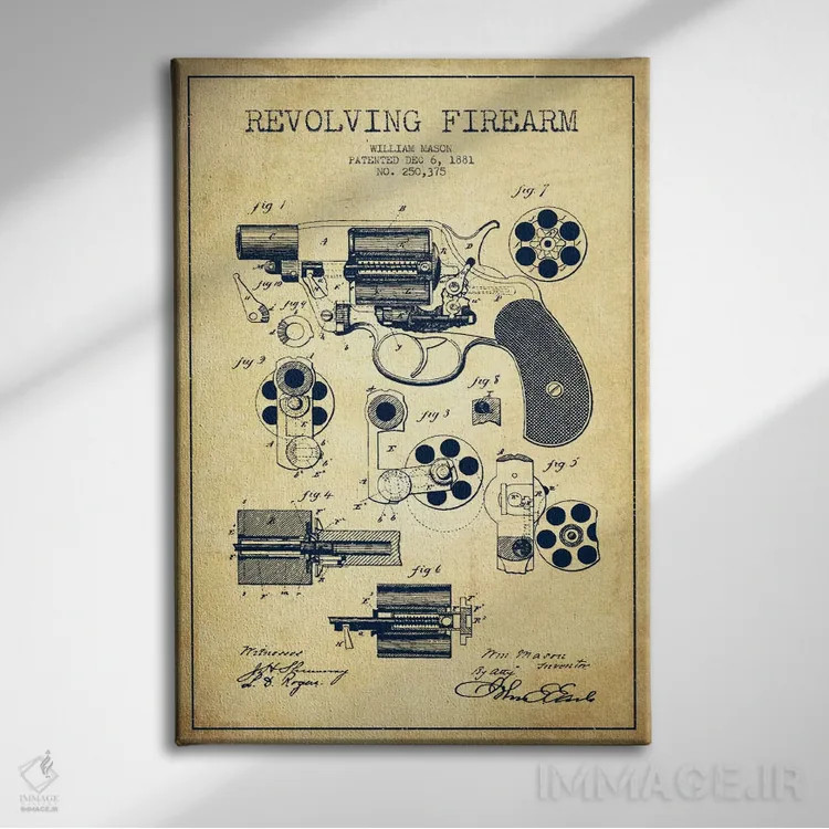 تابلو نقشهٔ ثبت اختراع سلاح چرخان قدیمی اثر پیکسل کهنه (استودیو/نام هنری) - نمای روبهرو روی دیوار