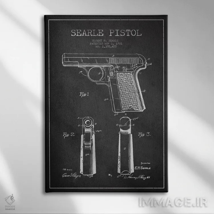 تابلو نقشهٔ ثبت اختراع تپانچه سیِرل ذغالی اثر پیکسل کهنه (استودیو/نام هنری) - نمای روبهرو روی دیوار