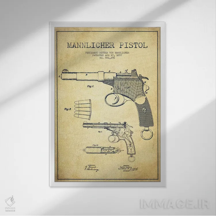 تابلو نقشهٔ ثبت اختراع تپانچه مانلیکر قدیمی اثر پیکسل کهنه (استودیو/نام هنری) - نمای قابدار سفید