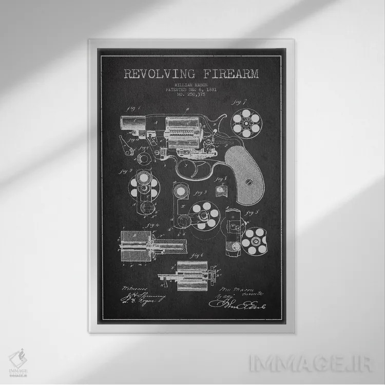 تابلو نقشهٔ ثبت اختراع سلاح چرخان ذغالی اثر پیکسل کهنه (استودیو/نام هنری) - نمای قابدار سفید