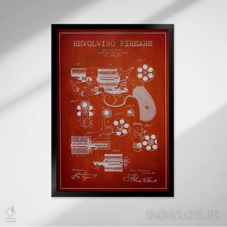 تابلو نقشهٔ ثبت اختراع سلاح چرخان قرمز اثر پیکسل کهنه (استودیو/نام هنری) - نمای قابدار مشکی