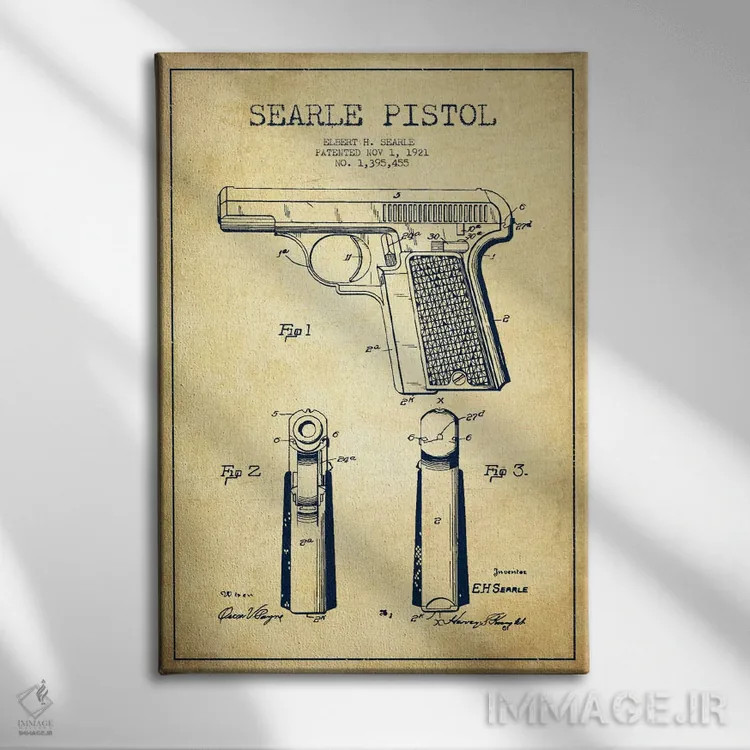 تابلو نقشهٔ ثبت اختراع تپانچه سیِرل قدیمی اثر پیکسل کهنه (استودیو/نام هنری) - نمای روبهرو روی دیوار