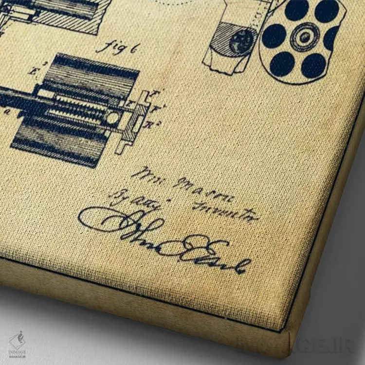 تابلو نقشهٔ ثبت اختراع سلاح چرخان قدیمی اثر پیکسل کهنه (استودیو/نام هنری) - نمای نزدیک بافت بوم