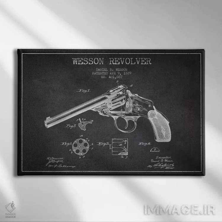 تابلو نقشهٔ ثبت اختراع رولور وسن ذغالی اثر پیکسل کهنه (استودیو/نام هنری) - نمای روبهرو روی دیوار