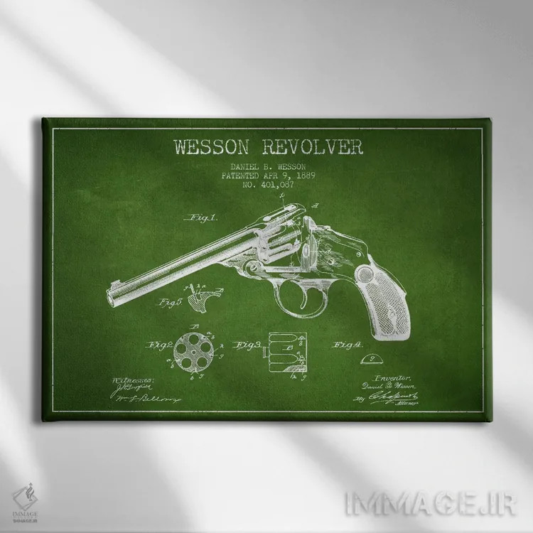 تابلو نقشهٔ ثبت اختراع رولور وسن سبز اثر پیکسل کهنه (استودیو/نام هنری) - نمای روبهرو روی دیوار