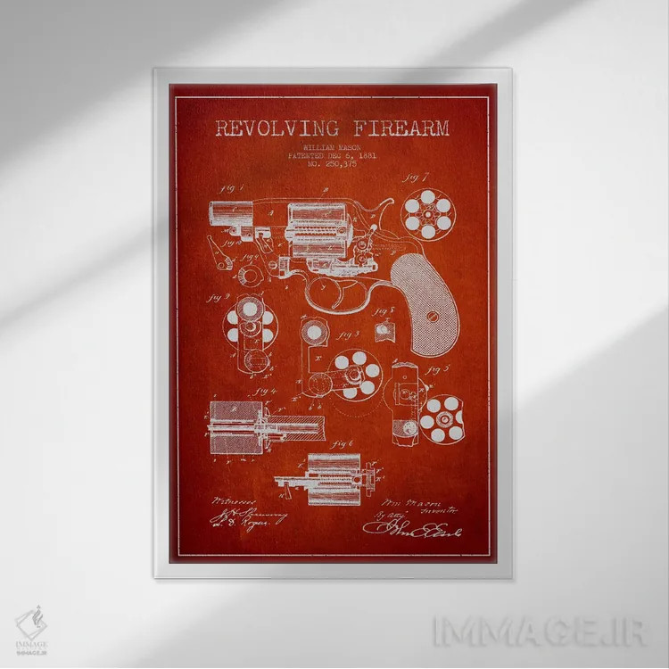 تابلو نقشهٔ ثبت اختراع سلاح چرخان قرمز اثر پیکسل کهنه (استودیو/نام هنری) - نمای قابدار سفید