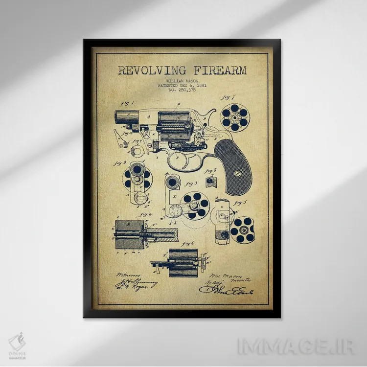 تابلو نقشهٔ ثبت اختراع سلاح چرخان قدیمی اثر پیکسل کهنه (استودیو/نام هنری) - نمای قابدار مشکی