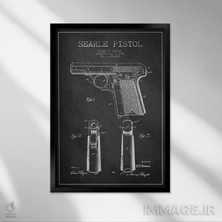 تابلو نقشهٔ ثبت اختراع تپانچه سیِرل ذغالی اثر پیکسل کهنه (استودیو/نام هنری) - نمای قابدار مشکی