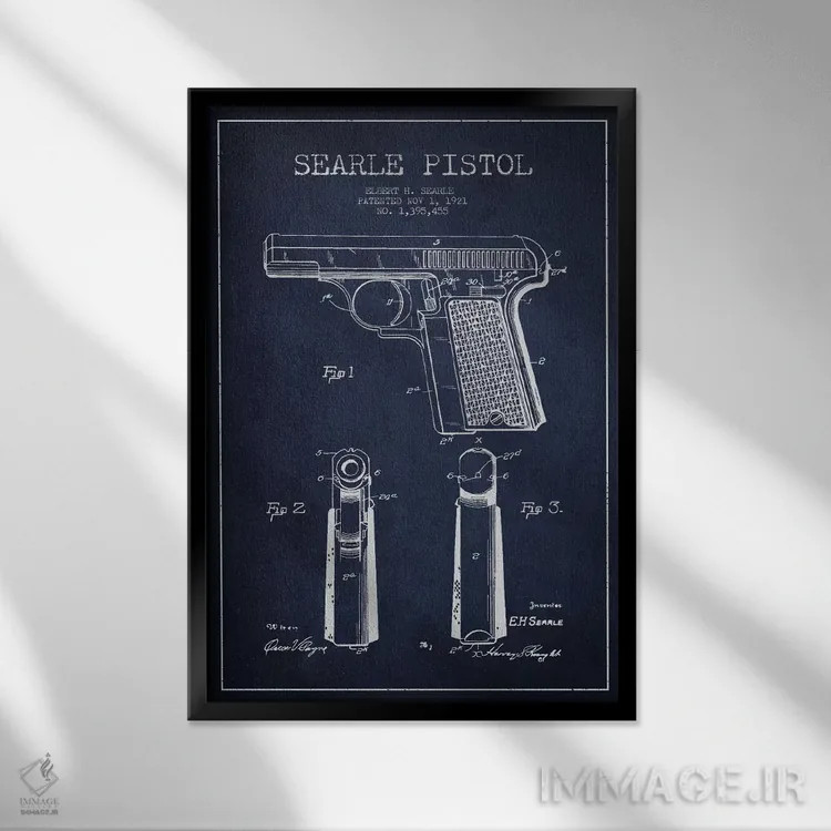 تابلو نقشهٔ ثبت اختراع تپانچه سیِرل سرمهای اثر پیکسل کهنه (استودیو/نام هنری) - نمای قابدار مشکی