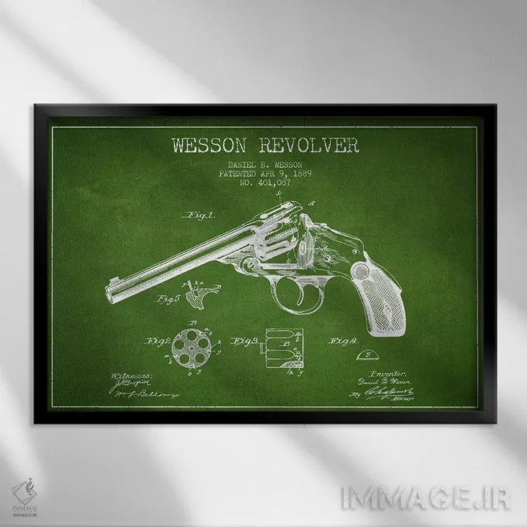 تابلو نقشهٔ ثبت اختراع رولور وسن سبز اثر پیکسل کهنه (استودیو/نام هنری) - نمای قابدار مشکی