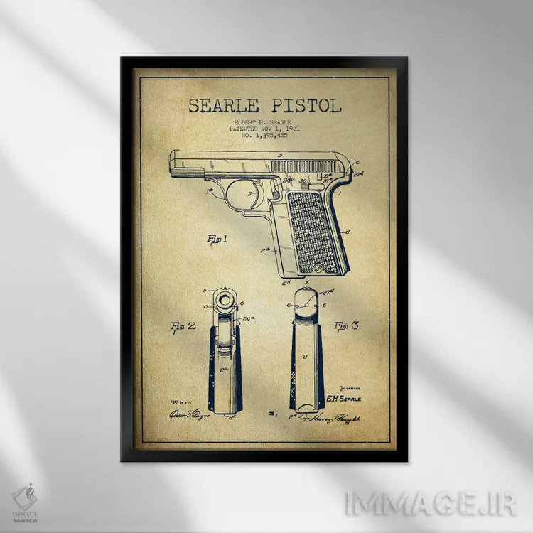 تابلو نقشهٔ ثبت اختراع تپانچه سیِرل قدیمی اثر پیکسل کهنه (استودیو/نام هنری) - نمای قابدار مشکی