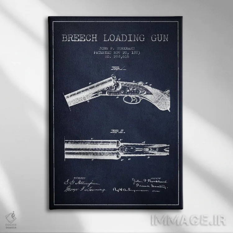 تابلو نقشهٔ ثبت اختراع اسلحه برکارد سرمهای اثر پیکسل کهنه (استودیو/نام هنری) - نمای روبهرو روی دیوار