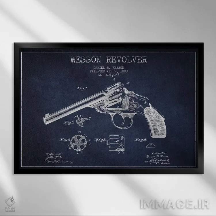 تابلو نقشهٔ ثبت اختراع رولور وسن سرمهای اثر پیکسل کهنه (استودیو/نام هنری) - نمای قابدار مشکی