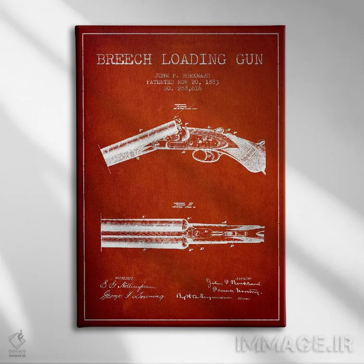 تابلو نقشهٔ ثبت اختراع اسلحه برکارد قرمز اثر پیکسل کهنه (استودیو/نام هنری) - نمای روبهرو روی دیوار
