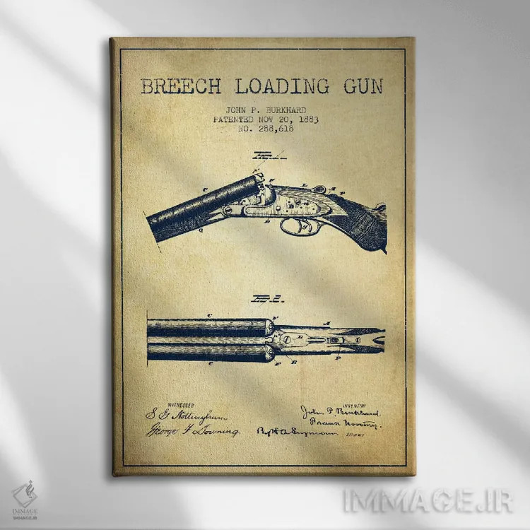 تابلو نقشهٔ ثبت اختراع اسلحه برکارد قدیمی اثر پیکسل کهنه (استودیو/نام هنری) - نمای روبهرو روی دیوار