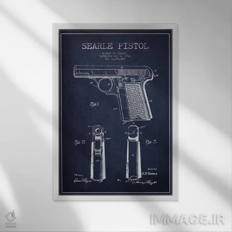 تابلو نقشهٔ ثبت اختراع تپانچه سیِرل سرمهای اثر پیکسل کهنه (استودیو/نام هنری) - نمای قابدار سفید