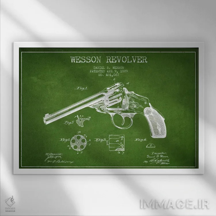 تابلو نقشهٔ ثبت اختراع رولور وسن سبز اثر پیکسل کهنه (استودیو/نام هنری) - نمای قابدار سفید