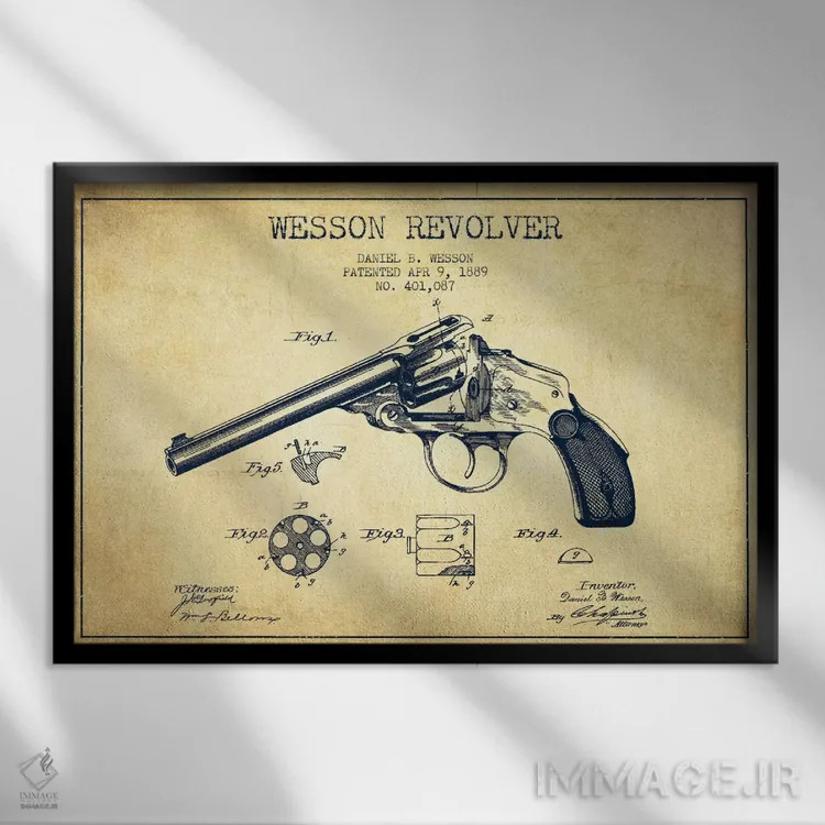 تابلو نقشهٔ ثبت اختراع رولور وسن قدیمی اثر پیکسل کهنه (استودیو/نام هنری) - نمای قابدار مشکی