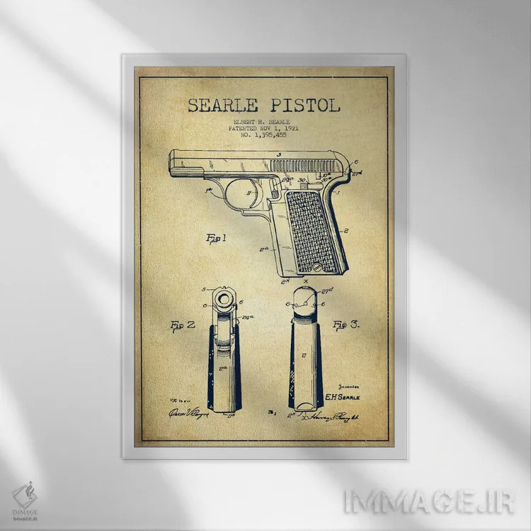 تابلو نقشهٔ ثبت اختراع تپانچه سیِرل قدیمی اثر پیکسل کهنه (استودیو/نام هنری) - نمای قابدار سفید