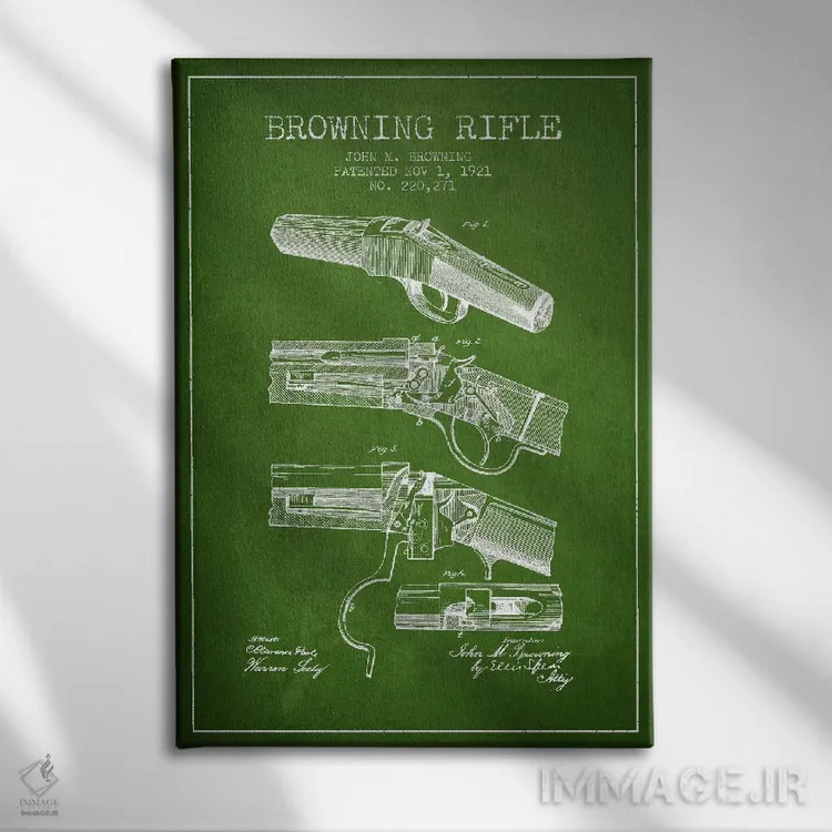 تابلو نقشهٔ ثبت اختراع تفنگ برونینگ سبز اثر پیکسل کهنه (استودیو/نام هنری) - نمای روبهرو روی دیوار