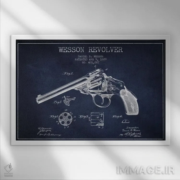 تابلو نقشهٔ ثبت اختراع رولور وسن سرمهای اثر پیکسل کهنه (استودیو/نام هنری) - نمای قابدار سفید