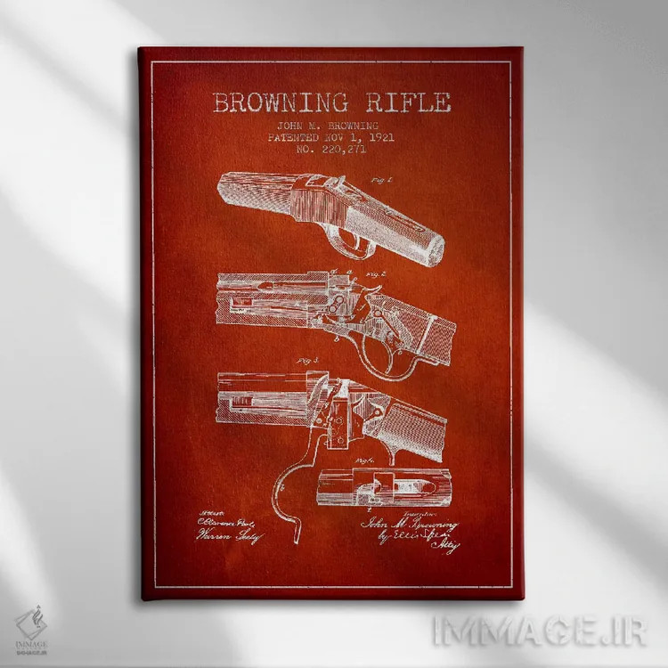 تابلو نقشهٔ ثبت اختراع تفنگ برونینگ قرمز اثر پیکسل کهنه (استودیو/نام هنری) - نمای روبهرو روی دیوار